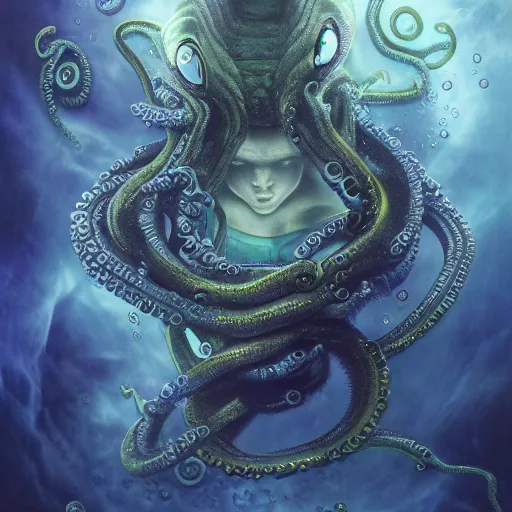 Prompt: eyes, tentacle-enabled underwater human descendant, futuristic painting by amano yoshitaka, dagon, hd 8k