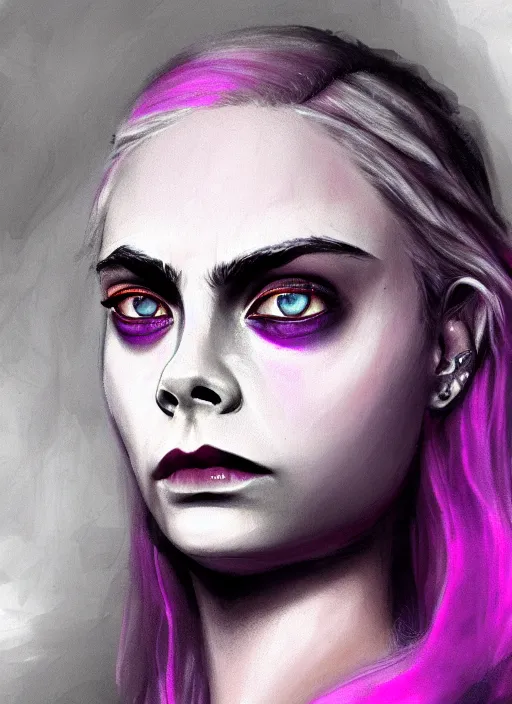 Prompt: Cara Delevigne, white hair, magenta shirt, gentle smile, beautiful detailed eyes, dirty, fantasy, intricate, rough, highly detailed, digital painting, 4k, HDR, concept art, detailed jewelry, smooth, sharp focus, illustration