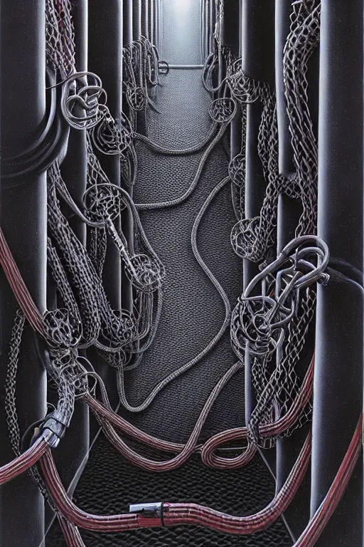 Prompt: grey wall of tangled pipes and hoses by thomas ligotti and wayne barlowe