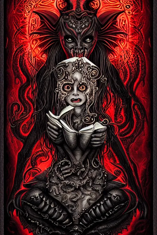 Image similar to ai illustration of demoness, her cat and her book of necronomicon, symmetrical, cinematic, sharp focus, 4 k, ultra hd, sense of awe, sinister demonic atmosphere, dreadful, forbidden knowledge, old gods, cthulhu, yog - sothoth! yah, yah, yah! cultist journal cover