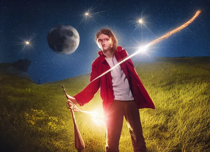 Image similar to a young adult wizard with very detailed face, hair clothes and shoes holds their wand fiercely in their hand from which a blast of bright magic flies from the end of the wand, on an empty moonlit hill, dramatic lighting, lens flare, 3 5 mm full frame professional photography, kodachrome