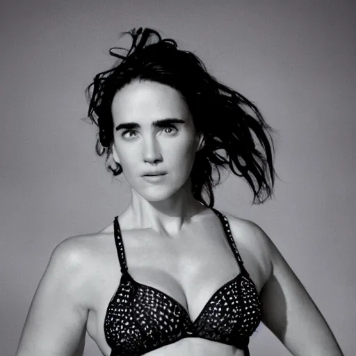 Image similar to Portrait Photography, medium closeup of young jennifer connelly poses in 2 Piece Mini Micro Push Up Swimsuits at summer beach, confident pose, fierce expression, intricate details, detailed face, detailed illustration, impressive lighting, symmetrical features, ultra detailed, 12 megapixels