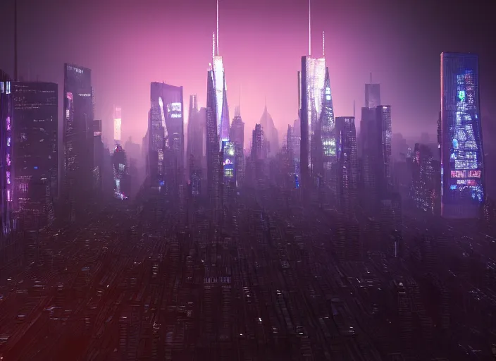 Prompt: cyberpunk scifi scene of new york skyline at night, artstation, matt painting, very detailed, maximalism, ambient occlusion, volumetric light, atmospheric haze, unreal engine, hyper realism, realistic shading, cinematic composition, realistic render, greenish tint, octane render, detailed textures, photorealistic, wide shot