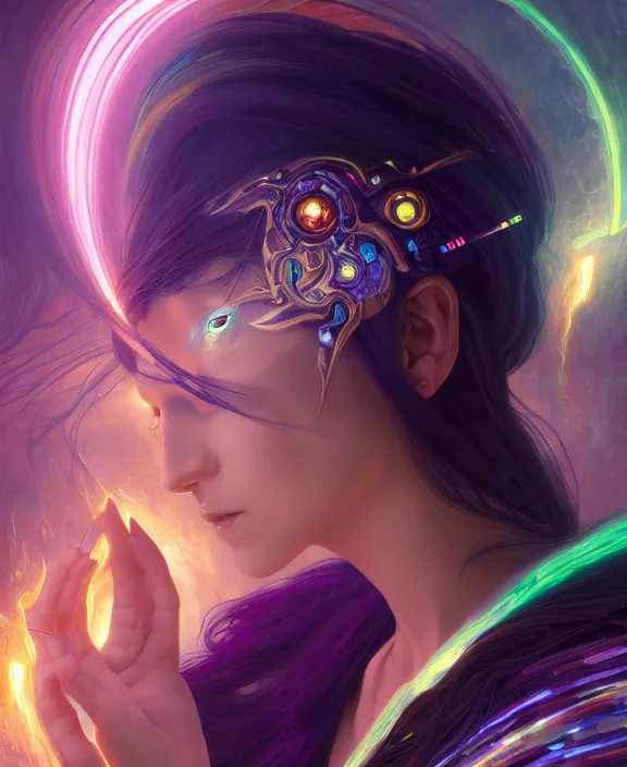 Image similar to a whirlwind of souls rushing inside the metaverse, half body, glowin eyes, tiara with sapphire, pharaoh, android, cyberpunk, d & d, fantasy, intricate, elegant, highly detailed, colorful, vivid color, digital painting, artstation, concept art, art by artgerm and greg rutkowski and alphonse mucha and ruan jia