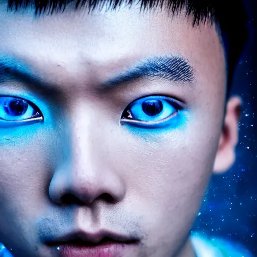 Prompt: photograph of a Chinese young man with piercing blue eyes, glassy eyes, galaxy in eyes, kingdom, dramatic lighting, dramatic lighting, beautiful, epic, glorious, extreme detail, 4k, award-winning