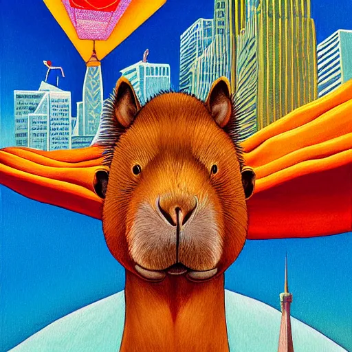 Prompt: a detailed painting of a capybara in a cape flying above new york by casey weldon, new contemporary art, comic book illustration