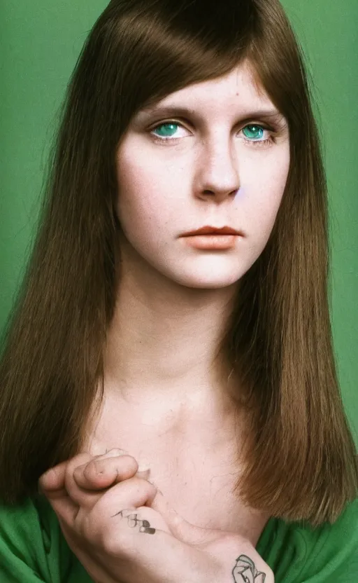 Image similar to tattooed white girl, brown hair, green eyes, dutch, wide set eyes, oval face, round cheeks, wearing green shirt, symmetrical, 3 0 years old, pretty, high cheekbones, leica s, 5 0 mm lens, kodachrome, 1 9 6 9, shot by platon