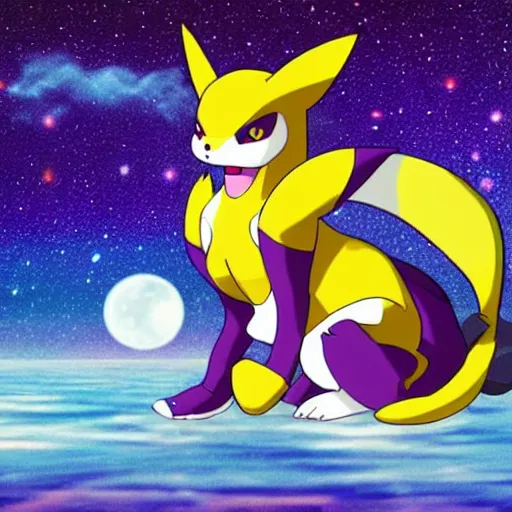 Prompt: Renamon from Digimon in front of the moon by a shimmering lake, sakura petals around her, moonlight, elegant, nighttime, low angle, stars,