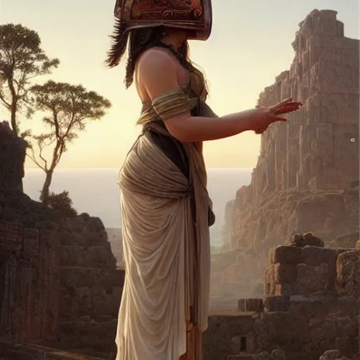 Image similar to tiny full-body young ancient greek woman in helmet, giant gray-haired bearded ancient greek man in background, by David Ligare, incredible details, epic stunning, highly detailed, trending on ArtStation, artgerm and greg rutkowski and alphonse mucha, IAMAG, broken giant marble ruins, golden hour