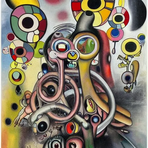 Image similar to Oil painting by Roberto Matta. Strange mechanical beings kissing. Portrait by Takashi Murakami.