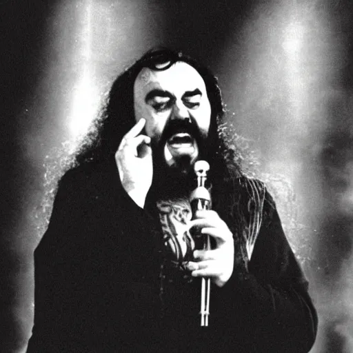 Prompt: luciano pavarotti as lead singer of the black metal band called darkthrone.