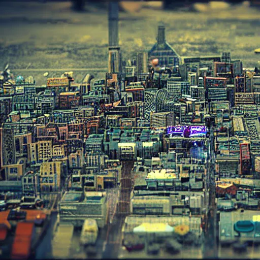 Prompt: cyperpunk city tilt shift