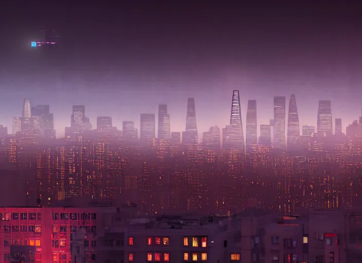 Image similar to cyberpunk scifi scene of san francisco skyline at night, artstation, matt painting, very detailed, maximalism, ambient occlusion, volumetric light, atmospheric haze, unreal engine, hyper realism, realistic shading, cinematic composition, realistic render, octane render, detailed textures, photorealistic, wide shot