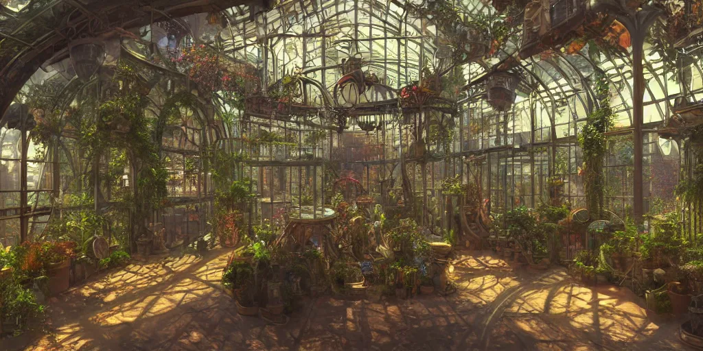 Image similar to steampunk greenhouse interior, colorful, 3 d scene, render, greg rutkowski, zabrocki, karlkka, jayison devadas, trending on artstation, 8 k, ultra wide angle, zenith view, pincushion lens effect