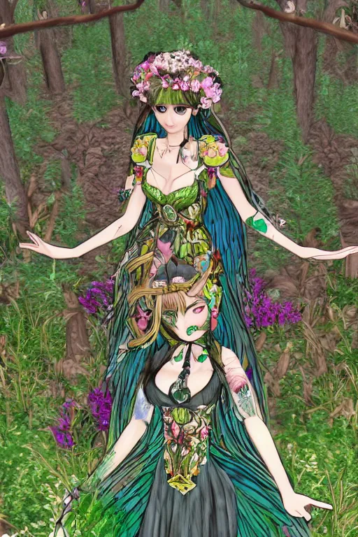 Image similar to beautiful female forest spirit wearing ornate floral cybernetic hungarian valentino resort dress in a lofi 3 d psx rpg style, esoteric magical alien meadow ritual environment, fashion gameplay screenshot portrait, highly detailed, atelier, xenogears