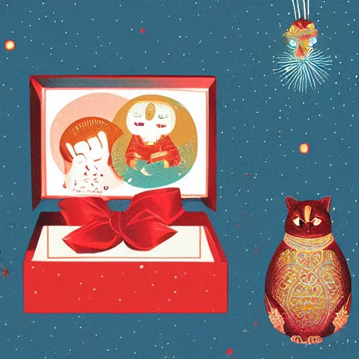 Prompt: infinite gift box inside gift box inside gift box inside gif box, like matriochkas, illustration by victo ngai