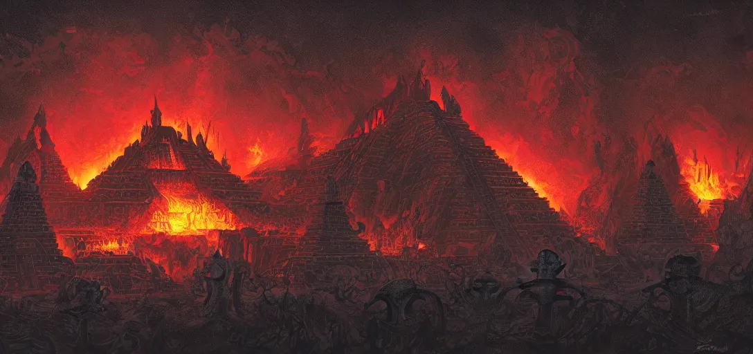 Prompt: a aztec fire god temple, doom, fire and smoke particles, dark colors,dark underground cave, mayan gothic, in the graphic style of and Patrick Gleason, low key lighting, detailed art, trending on Artstation, sharp focus, comic art