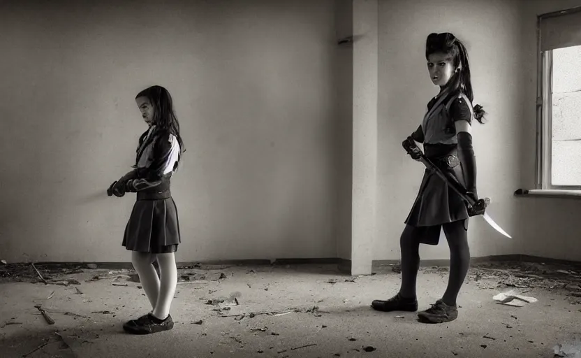 Image similar to School girl holding a katana and standing on an abandoned hospital room, by Robert Venosa