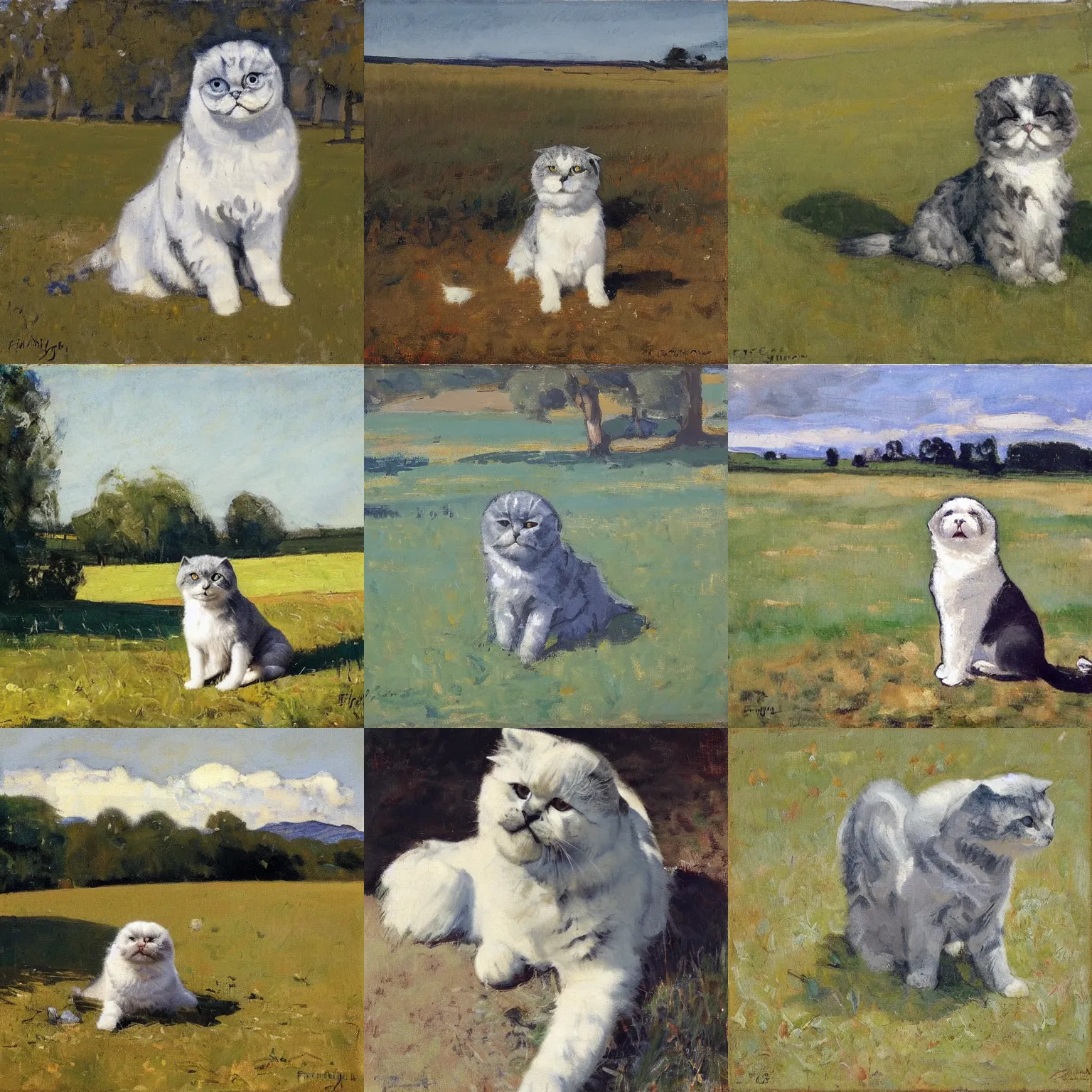 Prompt: a gray scottish fold sitting in the middle of sunny meadow, by frederic fiebig