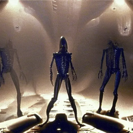 Image similar to movie still, 1 9 8 0 s, alien creatures, hyperdetailed, by ridley scott and john carpenter, blue leds