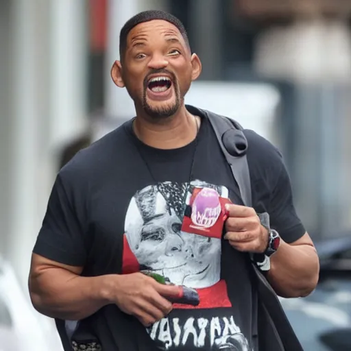 Image similar to will smith relaxed watching the world apocalypse while eating a strawberry ice cream