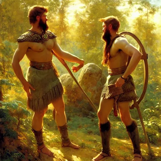 Image similar to 2 attractive male vikings frolicking in the forest. highly detailed painting by gaston bussiere, craig mullins, j. c. leyendecker, 8 k