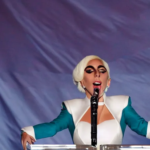 Image similar to Lady Gaga as president, Argentina presidential rally, Argentine flags behind, bokeh, giving a speech, detailed face, Argentina