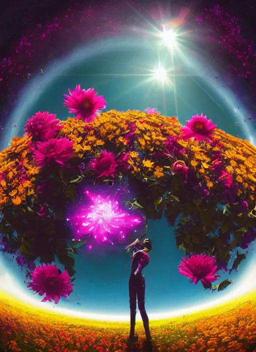 Image similar to An epic fantastic realism comic book style painting of the most beautiful flowers launched into space, bouquets, lens flare, fisheye lens, unreal 5, DAZ, hyperrealistic, octane render, dynamic lighting