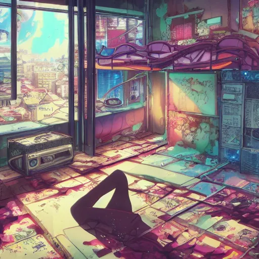 Image similar to anime background of the interior of a bedroom in the slums with a loft bed, book case, computer desk, blowling alley carpet, and built from various coral seashells and being reclaimed by nature, nostalgia, vaporwave, litter, steampunk, cyberpunk, caustics, anime, vhs distortion, dynamic shot, cinematic letterbox, art created by miyazaki