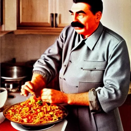 Prompt: Beautiful Food photography of Joseph Stalin Joseph Stalin in the kitchen making Gulash