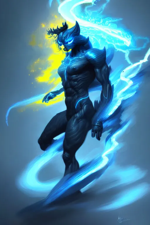 Prompt: wispy smoky full body illustration of a dark blue air elemental with yellow eyes and lightning; detailed, best on artstation, raymond swanland, bayard wu, cosmic, epic, stunning, masterpiece