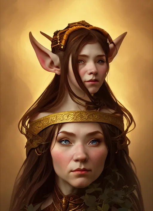 Image similar to portrait of a female dwarf - elf using the golden ratio, highly detailed, digital painting, artstation, sharp focus, illustration, art by tan zi and ayanamikodon and alphonse mucha and wlop