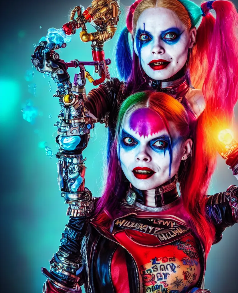 Image similar to Ornella Muti as Harley Quin (The Suicide Squad), epic angle and pose, symmetrical artwork, 3d with depth of field, blurred background, cybernetic jellyfish female face skull phoenix bird, translucent, nautilus, energy flows of water and fire. a highly detailed epic cinematic concept art CG render. made in Maya, Blender and Photoshop, octane render, excellent composition, cinematic dystopian brutalist atmosphere, dynamic dramatic cinematic lighting, aesthetic, very inspirational, arthouse. y Greg Rutkowski, Ilya Kuvshinov, WLOP, Stanley Artgerm Lau, Ruan Jia and Fenghua Zhong