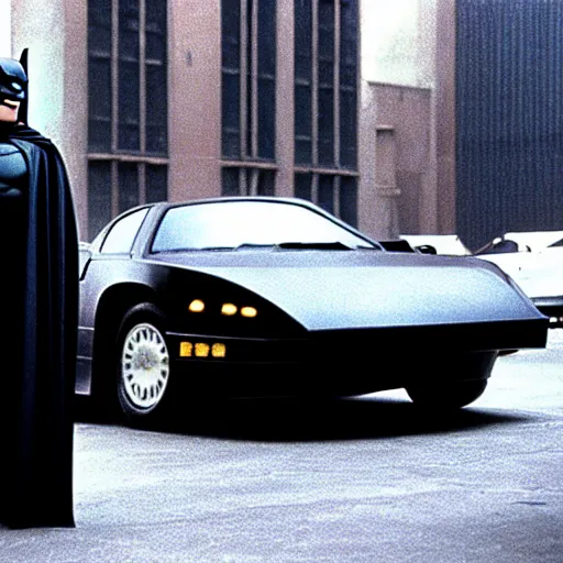 Image similar to henry cavill as batman in batman ( 1 9 8 9 ), standing next to the batmobile, by tim burton, dark deco, gotham city, film still