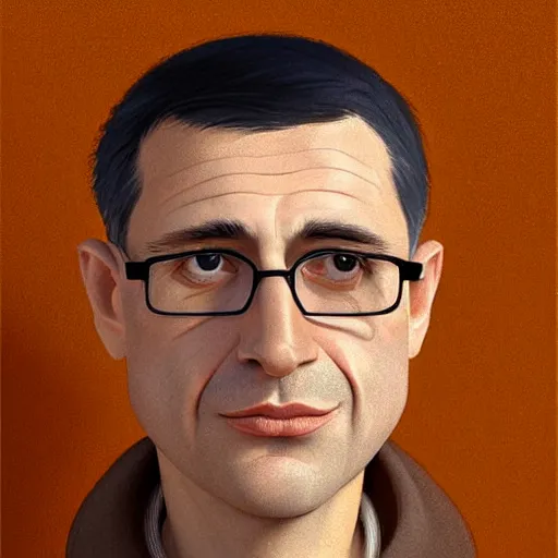 Prompt: 50 year old brunette man with very short hair, round face, circle face, circular face, wide face, big chin , romanian, silver small glasses, romanian heritage, brown eyes, brown smiling eyes, olive skin, round bulbous nose, round chin, clean shaven wide face, thin lips, digital art, concept art, cgsociety, painterly, painting, 8k, illustration, painting, dramatic, beautiful, art by loish loish loish, cartoon, stylized painterly, trending on artstation, medium shot, uncropped