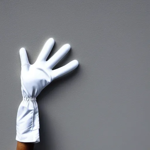 Image similar to a disembodied white gloved hand waving from behind a wall