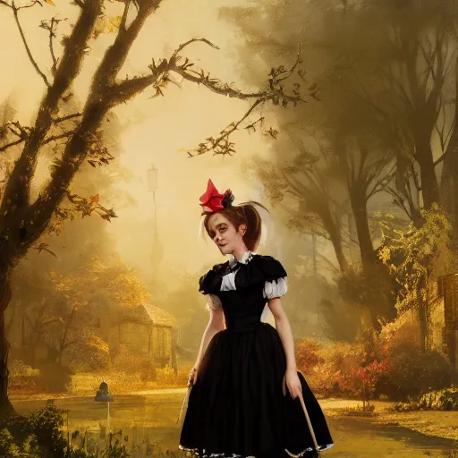 Prompt: highly detailed painting of emma watson wearing a black cat lolita maid dress, stephen bliss, 8 k, by greg rutkowski, artgerm, loish, rhads, global illumination, detailed and intricate environment