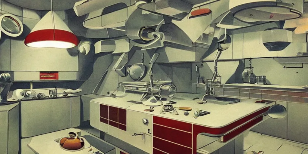 Image similar to soviet retro - futuristic kitchen, space station