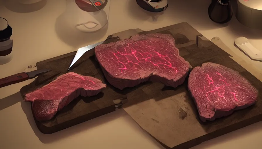 Image similar to billy butcher cutting a piece of steak with lazers coming from his eyes, hyperdetailed, artstation, cgsociety, 8 k