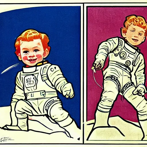 Prompt: a cute little boy with a mischievous face and short ginger hair. he is dressed as an astronaut. well composed, clean elegant painting, beautiful detailed face. comic book art by steve ditko and jack kirby and ( alphonse mucha )