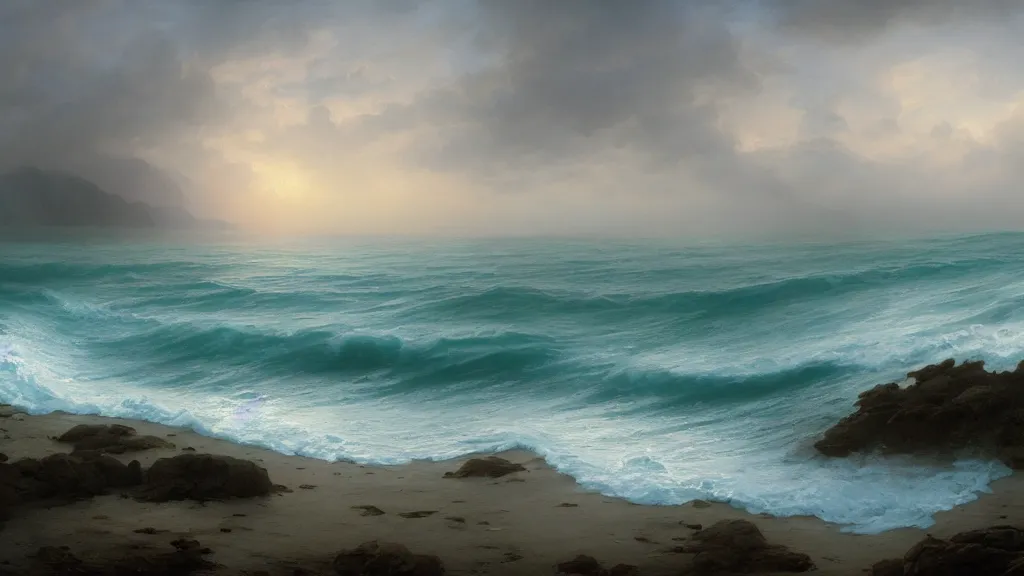 Prompt: first person view of breaking waves on the shore, summer, delicate fog, sea breeze rises in the air, by andreas rocha and john howe, and Martin Johnson Heade, featured on artstation, featured on behance, golden ratio, ultrawide angle, f32, well composed