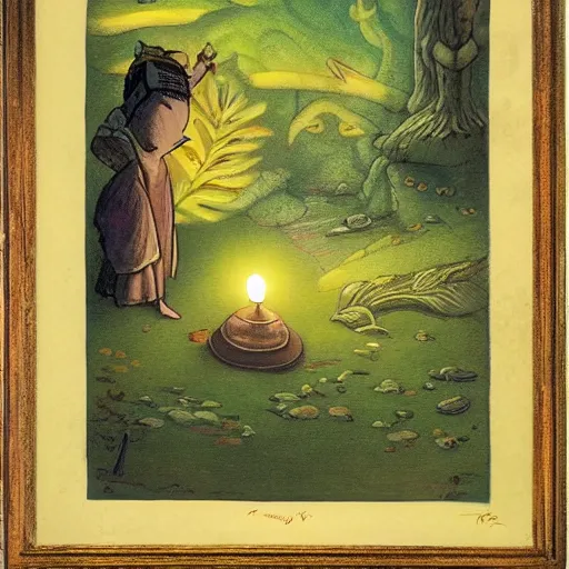 Prompt: a genie’s lamp surrounded by forest, fantasy illustration