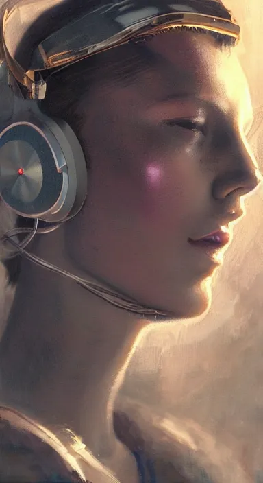 Image similar to portrait of a catholic cyborg saint djing with headphones on and a halo, high detail, hyper - realism, 4 k, by greg rutkowski and asher brown durand and vogue, trending on artstation