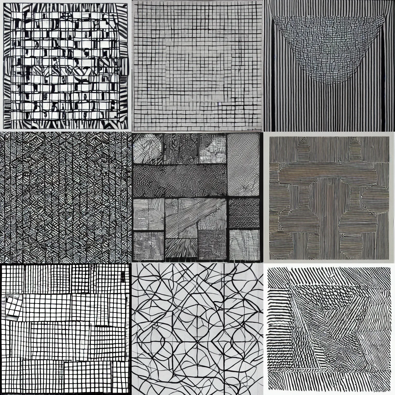 Image similar to an abstract picture a 36 squares arranged in a grid, hundreds of random pencil lines, Sol LeWitt, black and white