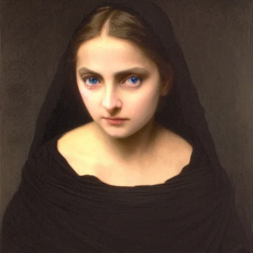 Image similar to A very detailed portrait of Alia Atreides, a girl with glowing blue eyes, wearing a black robe with a burnoose, by William-Adolphe Bouguereau