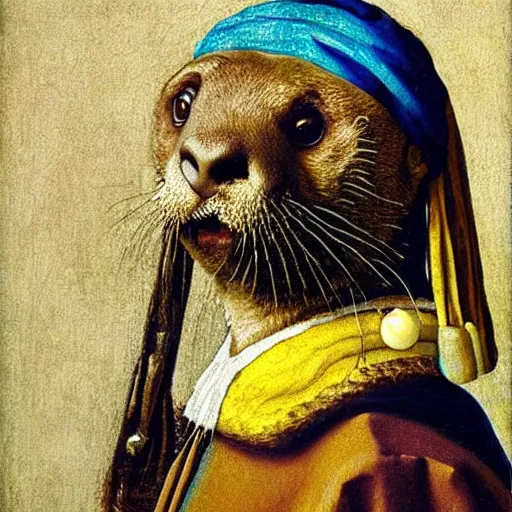 Prompt: a sea otter with a pearl earring, by Johannes Vermeer
