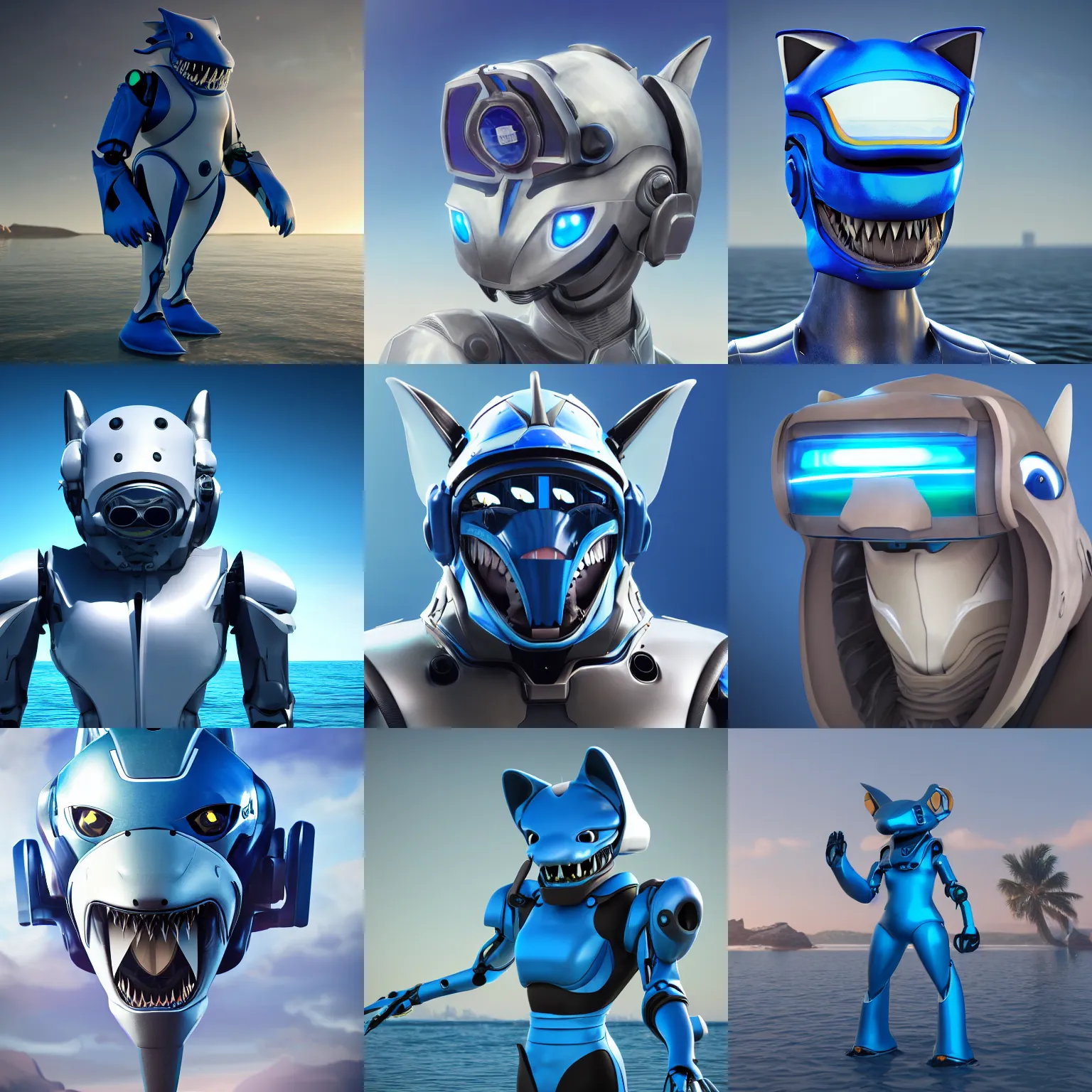 Prompt: furry art, male anthro shark hybrid robot, integrated synthetic android, face covered by visor, wide snout protruding from under visor, ultramarine metal, sea in background, fursona commission on furaffinity, 3 d, cgsociety, octane render