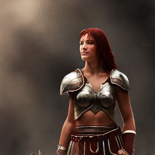 Image similar to pretty female gladiator wearing armor in the arena, shallow depth of field, moody lighting, 8 k, concept art,