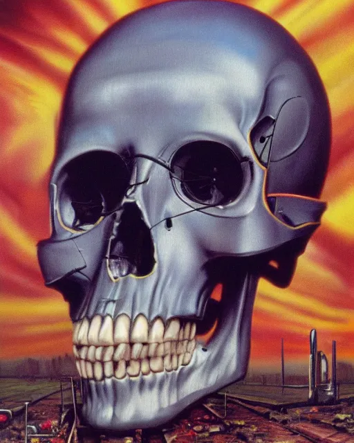 Image similar to a sacred skull observing 8 0 s era technology, vintage shapes, retro technology, vintage color, wayne barlow, oil on canvas, deep depth of field, masterpiece, cinematic composition, hyperdetailed