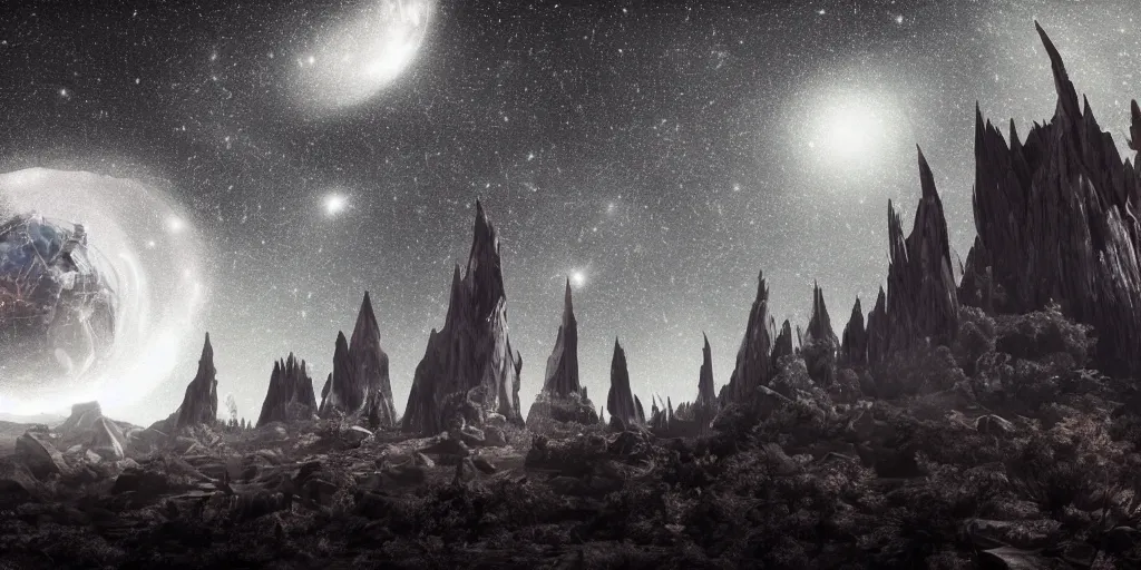 Image similar to a lost planet returning to life, shudders awake, spires shooting off in all directions,